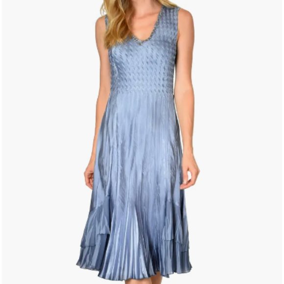 KOMAROV BEADED V-NECK CHARMEUSE VIOLET BLUE OMBRE MIDI DRESS sz XL - Picture 1 of 4